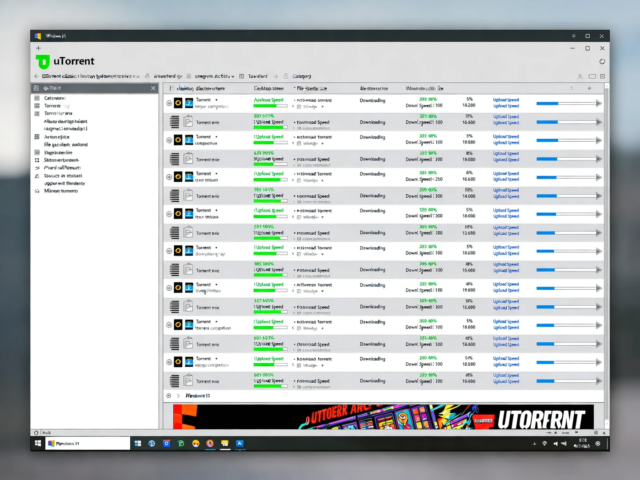 Интерфейс программы uTorrent с рекламным баннером и активными загрузками Интерфейс программы uTorrent с рекламным баннером и активными загрузками